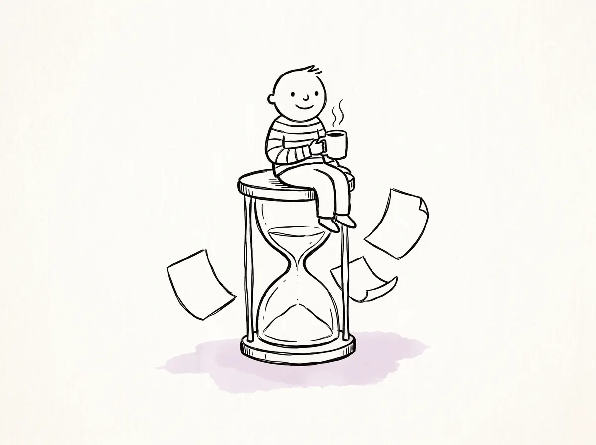 Een getekend mens neemt met een kop koffie plaats op een grote zandloper