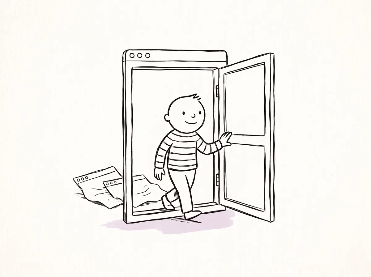 Een getekend mens stapt door een browservenster dat als een deur openstaat, met kleinere vensters achter zich