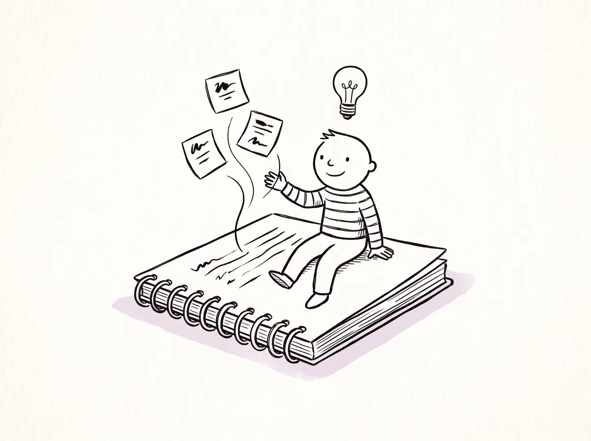 Een getekend mens verzamelt losse ideeën op een groot open notitieboek, met een lampje erboven